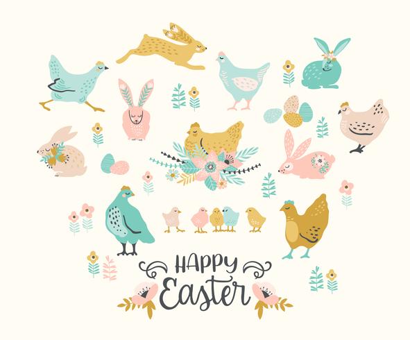 Happy Easter. Vector set of easter chicken and bunnies for card, poster, flyer and other users.