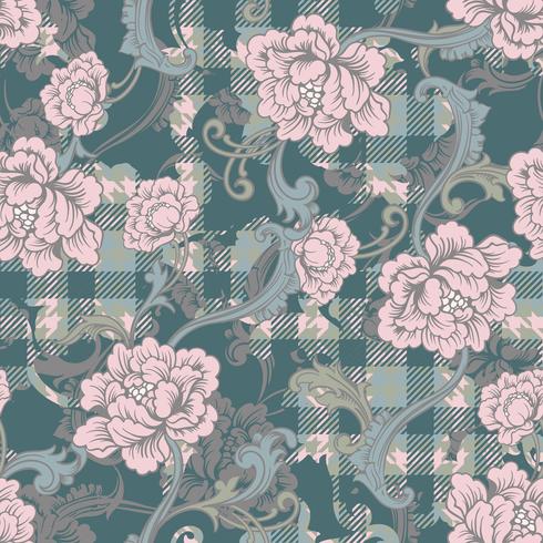 Eclectic fabric plaid seamless pattern with baroque ornament. vector