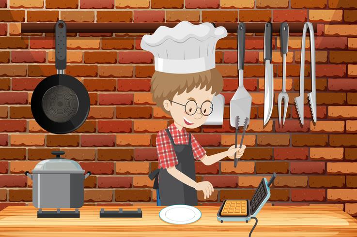 Un hombre que cocina gofres en la cocina vector