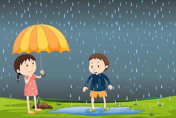 Dos niños bajo la lluvia vector