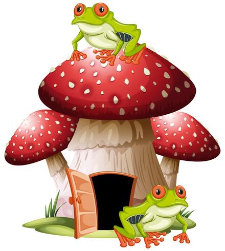 Mushroom house with frogs vector