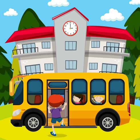 Autobús escolar en frente de la escuela vector
