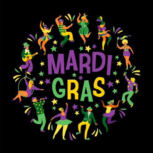 Mardi Gras. Ilustración vectorial de divertidos hombres y mujeres bailando en trajes brillantes vector