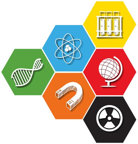 Diferente símbolo de la ciencia en hexágono. vector