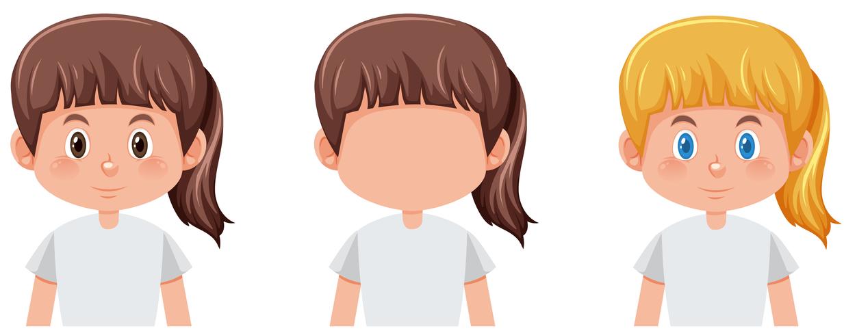 Conjunto de niña con diferente color de pelo. vector