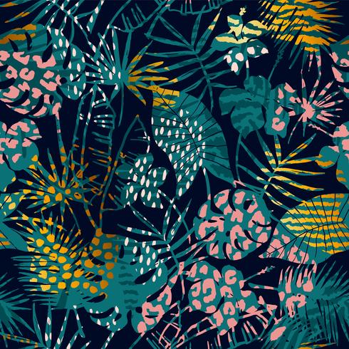 Trendy seamless exotic pattern with palm, animal prints and hand drawn textures. vector