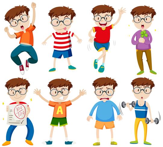 Boy with glasses in different actions vector