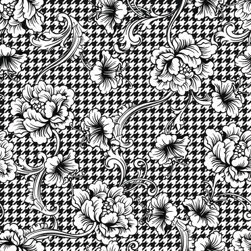 Eclectic fabric plaid seamless pattern with baroque ornament. vector