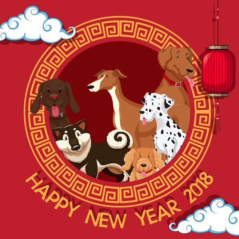 Plantilla de tarjeta de año nuevo con perros en marco redondo vector
