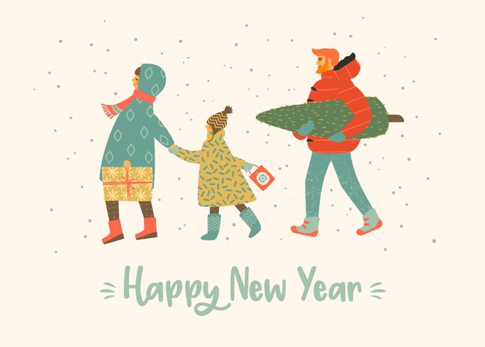 Christmas and Happy New Year illustration whit people. Trendy retro style. vector