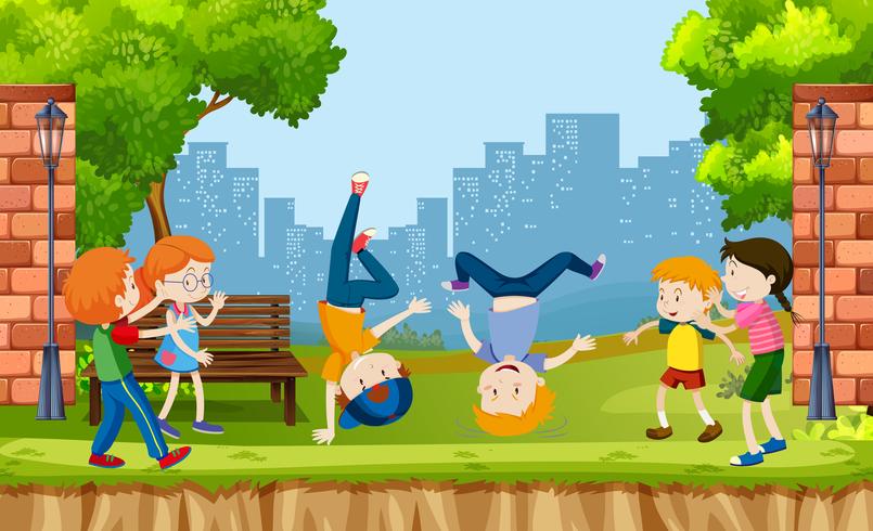 Niños urbanos muestran baile callejero en el parque. vector