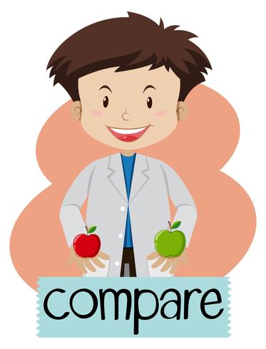 Wordcard for compare with boy holding apples vector