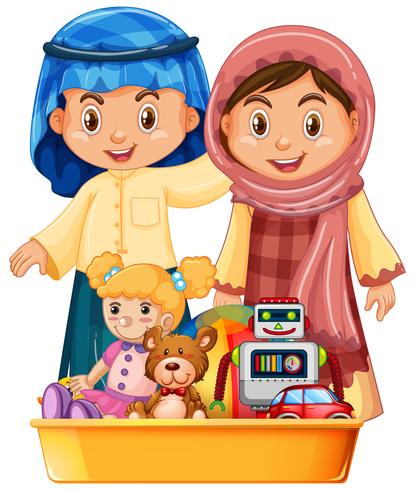 Muslim kids and toys in tray vector