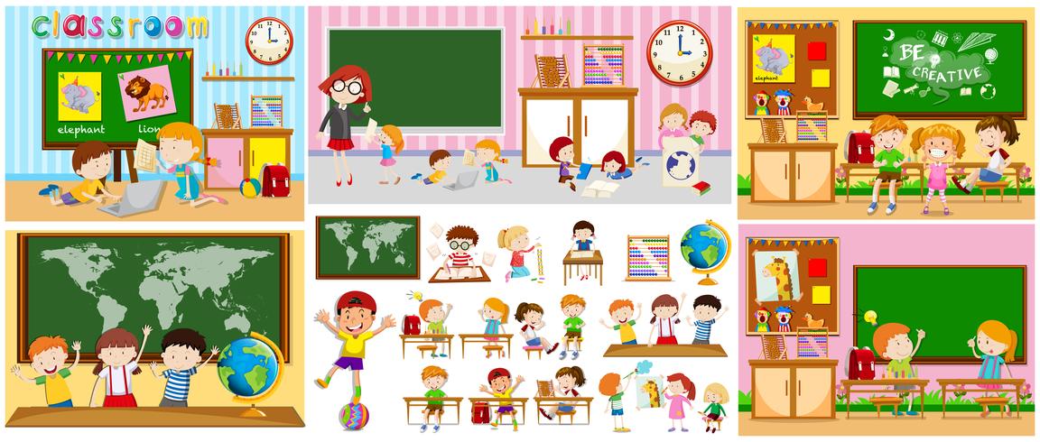 Different scenes of classrooms with kids vector