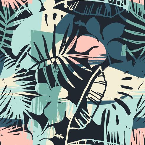 Seamless exotic pattern with tropical plants and artistic background vector