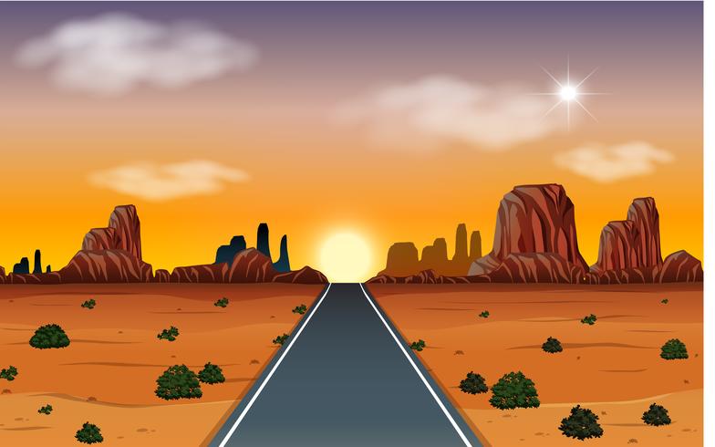 Amanecer en el desierto con escena de carretera vector