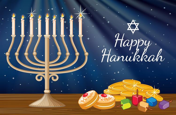 Plantilla de tarjeta de feliz Hanukkah con velas y decoraciones vector