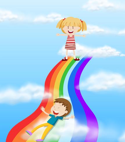 Niños deslizándose por un arco iris vector