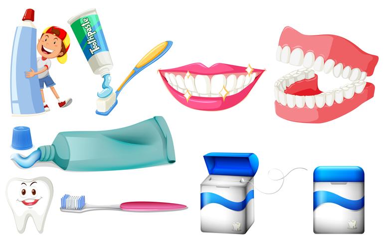 Conjunto dental con niño y dientes limpios. vector