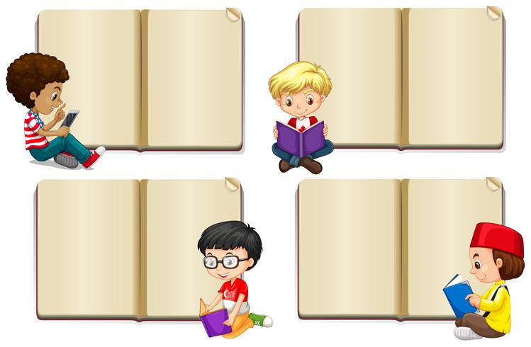 Plantilla de libro en blanco con niños leyendo vector