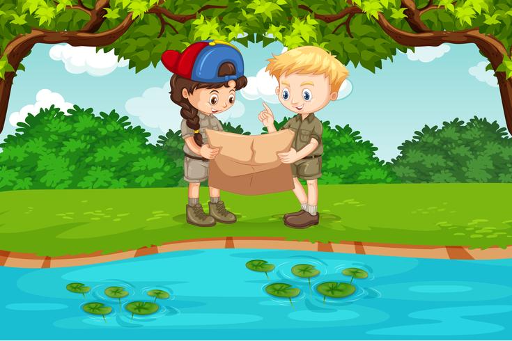 Camping children reading map vector