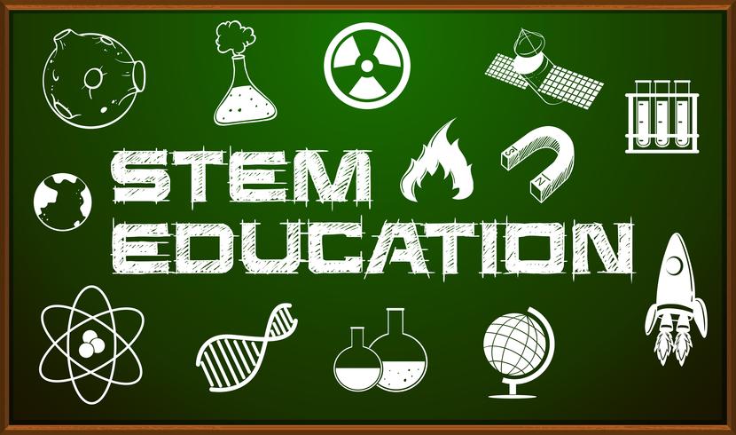 Cartel de educación STEM con iconos a bordo vector