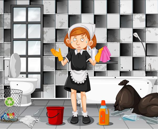 A Tired Maid Cleaning Bathroom vector