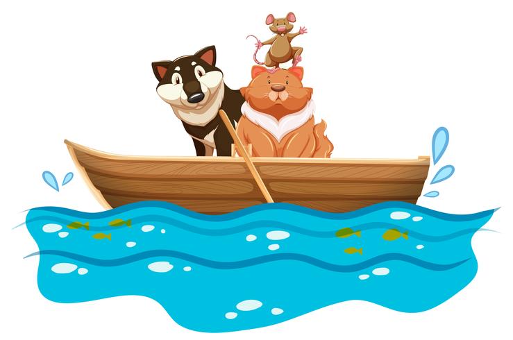 Gato y perro en el bote de remos. vector