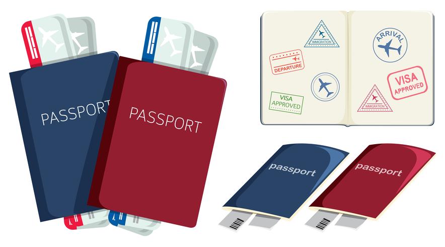 Conjunto de pasaportes y tarjeta de embarque. vector