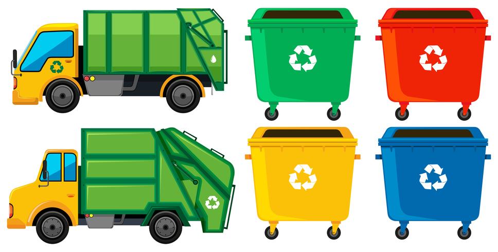 Rubbish truck and cans in four colors vector