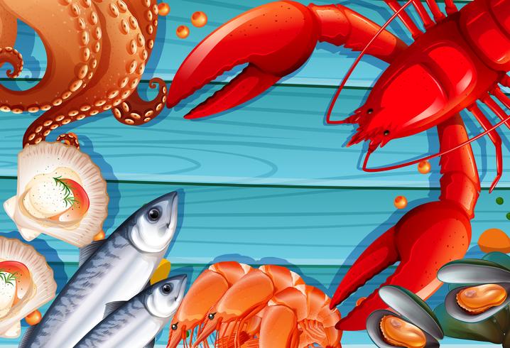 Set of seafood on wooden background vector