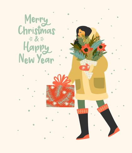 Christmas and Happy New Year illustration whit people. Trendy retro style. vector