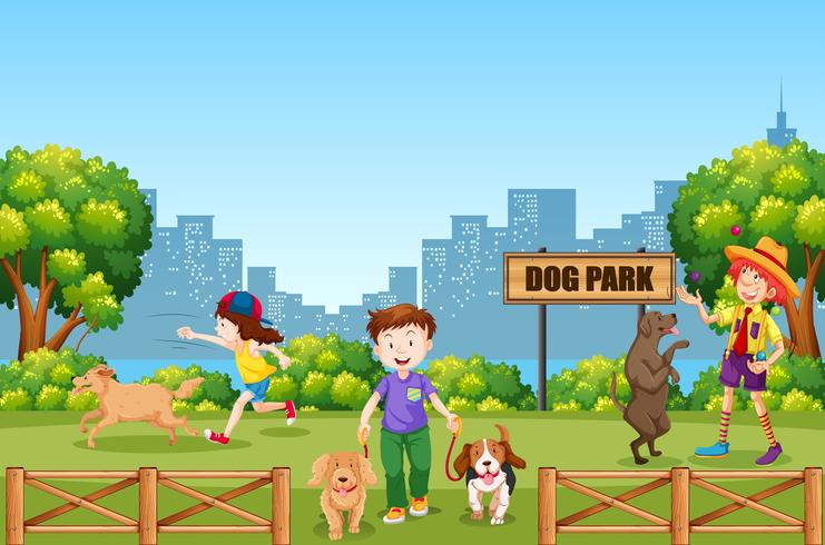 Gente y perro en el parque para perros. vector
