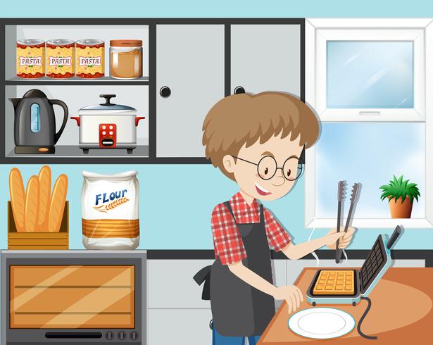 A Man Cooking Waffle in Kitchen - Download Free Vector Art, Stock Graphics & Images