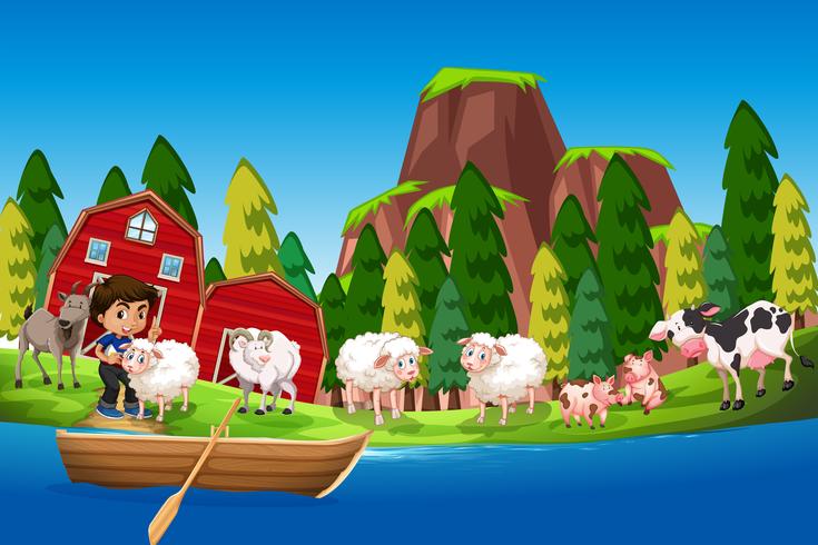 Farm scene with boy and animals vector