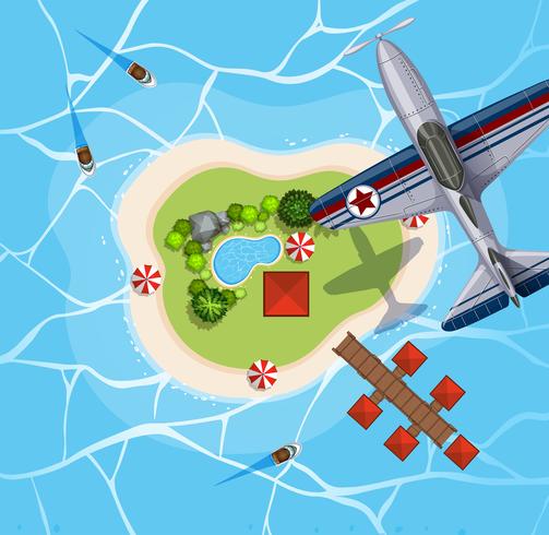 Top view of airplane flying over island vector