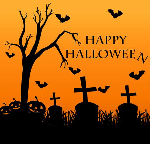 Feliz tarjeta de halloween con cementerio en el fondo vector