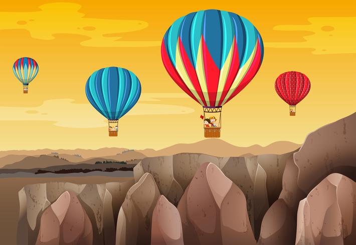 Children riding balloon scene vector