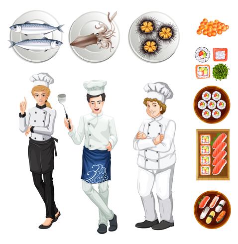 Chefs y diferentes platos de comida. vector