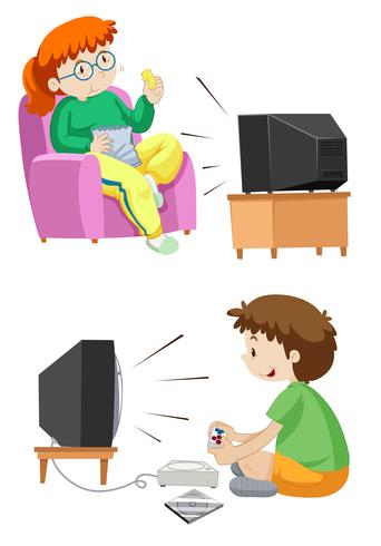 La gente ve la televisión y juega juegos. vector