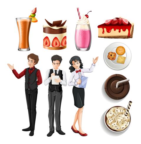 Personas que trabajan en restaurante y diferentes postres y bebidas. vector