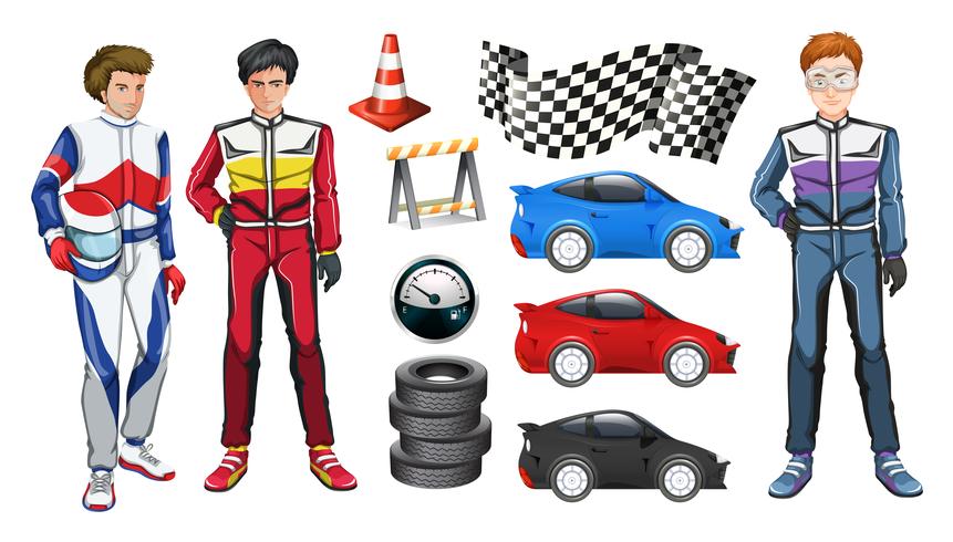 Racing cars and three racers vector