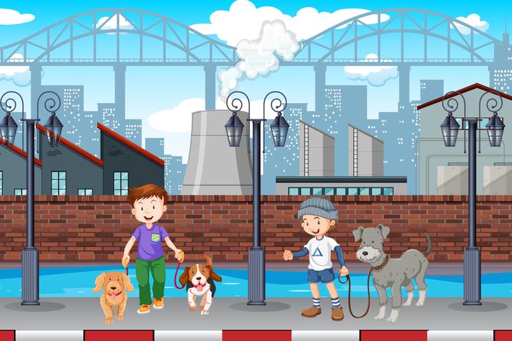 Boy walking dog in town vector