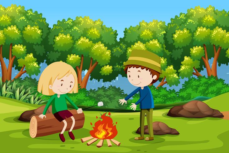 Boy and girl camping at forest vector