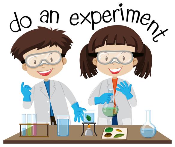 Dos niños haciendo un experimento en el laboratorio de ciencias. vector