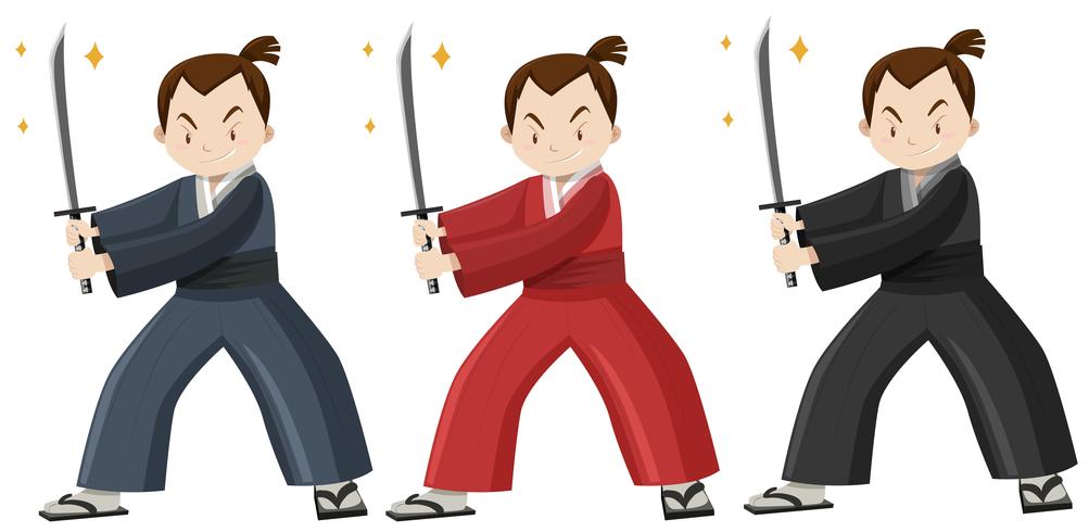 Samurai in three colors costume vector