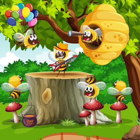 Bees and beehive on the tree vector