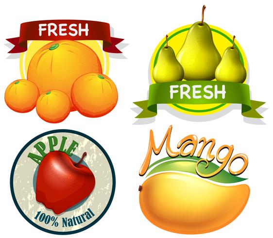 Diseño de etiqueta con palabra y frutas frescas. vector