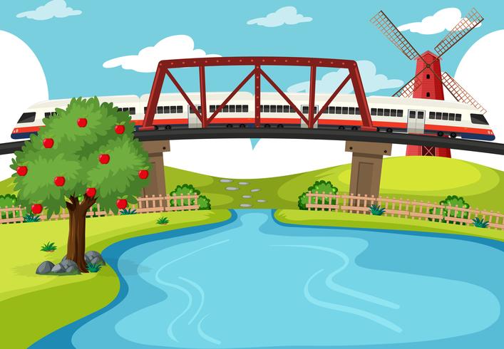 Train crossing the river scene vector