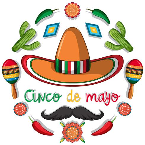 Plantilla de tarjeta de cinco de mayo con decoraciones mexicanas. vector